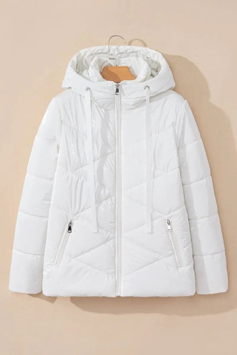 White Solid Quilted Hooded Zip Up Puffer Jackets - Love Salve